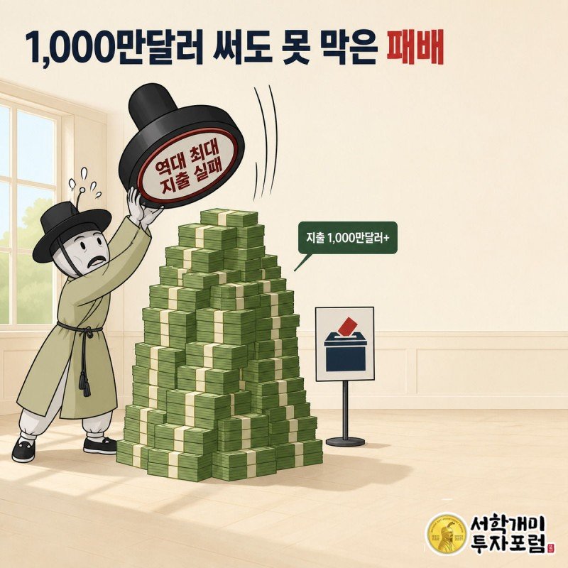 부자개미가 산더미 같은 달러 위에 낙선 실패 도장을 찍으려다 당황하고, 옆에는 후보 실루엣이 태연히 서 있는 그림