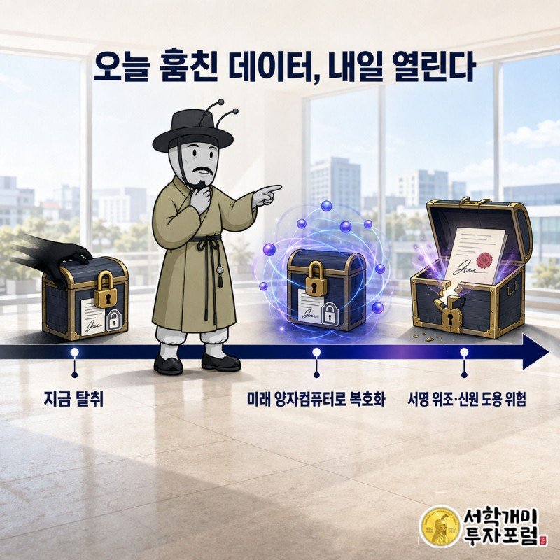 오늘 잠긴 데이터 상자가 시간축을 따라 미래에 열리며 위조 도장이 찍히는 것을 서민개미가 낭패스레 가리키는 그림