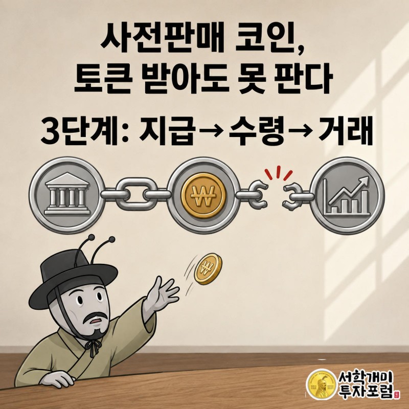 끊어진 은색 사슬 틈으로 금색 코인이 떨어지자 서민개미가 놀라 손을 뻗는 장면
