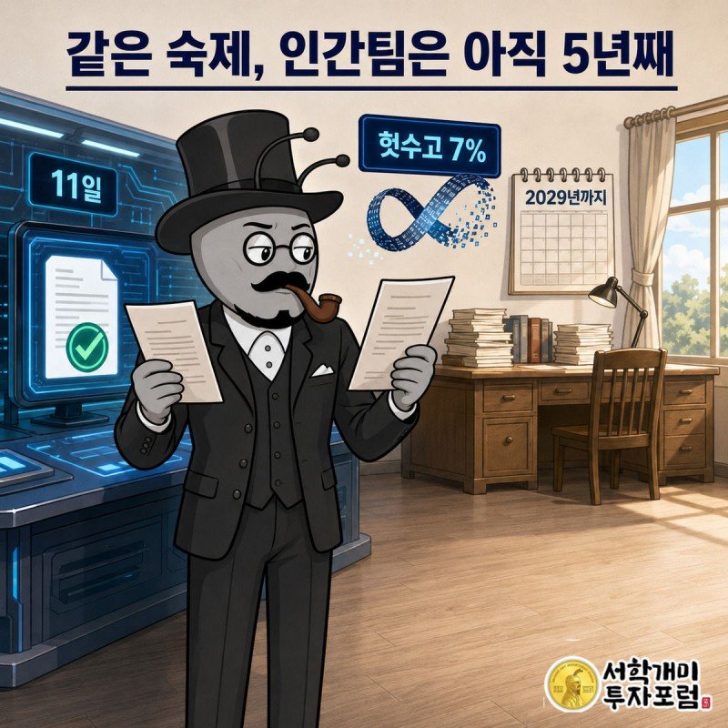 반짝이는 AI 작업대와 책이 쌓인 사람 연구자의 책상이 한 장면에 겹쳐 보이고, 개미가 그 사이에서 서류를 들고 대조하는 장면.