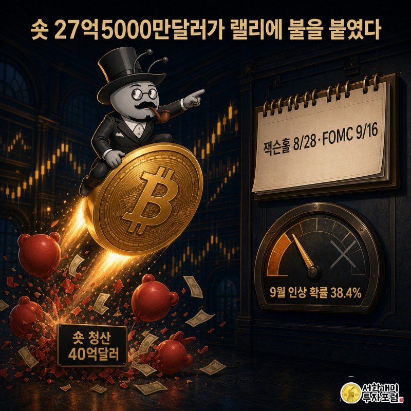붉은 곰 인형 모양 숏 포지션이 터지며 달러가 흩날리는 가운데 개미가 치솟는 비트코인 코인 위에서 잭슨홀·FOMC 일정을 곁눈질하는 일러스트