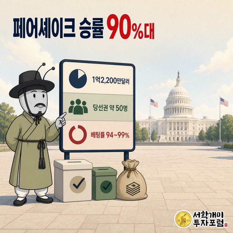미 국회의사당을 배경으로 부자개미가 당선 확률 90%를 표시한 전광판을 가리키며 자신만만하게 웃는 그림