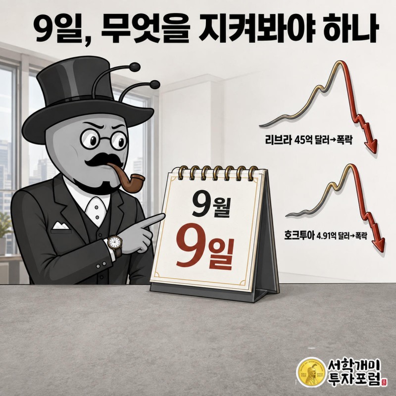 9월 9일 달력과 과거 밈코인 급락 그래프를 긴장한 표정으로 확인하는 서민개미