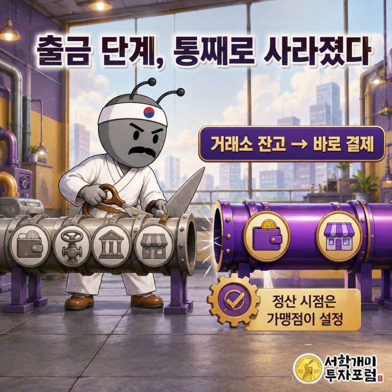 부자개미가 큰 가위로 지갑-출금-은행-가맹점으로 이어지던 4단계 배관을 잘라내고, 오른쪽에는 거래소 잔고에서 가맹점으로 바로 이어지는 짧은 2단계 배관만 남아 있다.
