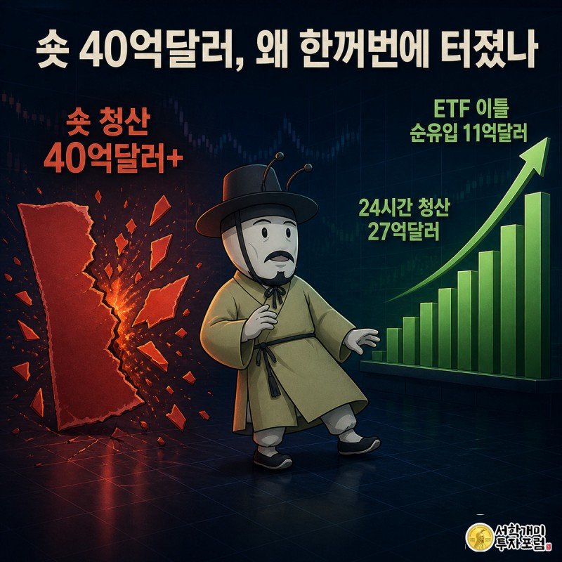 숏 포지션 개미가 청산 폭발에 휩쓸려 나가떨어지고, 옆에서는 다른 개미가 치솟는 초록 막대그래프를 가리키며 ETF 자금 유입을 보여주는 장면.