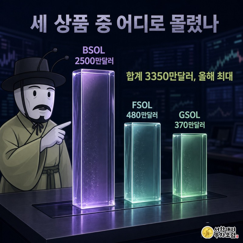 개미가 책상 위에 나란히 놓인 BSOL·FSOL·GSOL 세 ETF의 하루 유입액 막대카드 중 가장 큰 BSOL 카드를 가리키며 놀란 표정을 짓는 모습