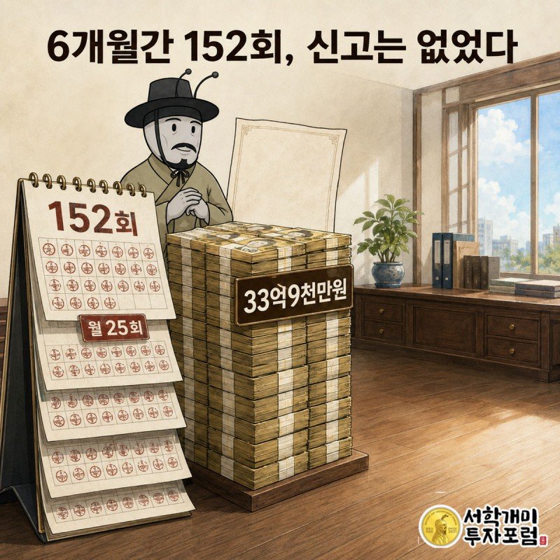 달력에 152회 거래 도장이 찍히고 옆에는 33억9천만원 현금 탑이 쌓이는데 신고증 서류는 비어 있는 모습