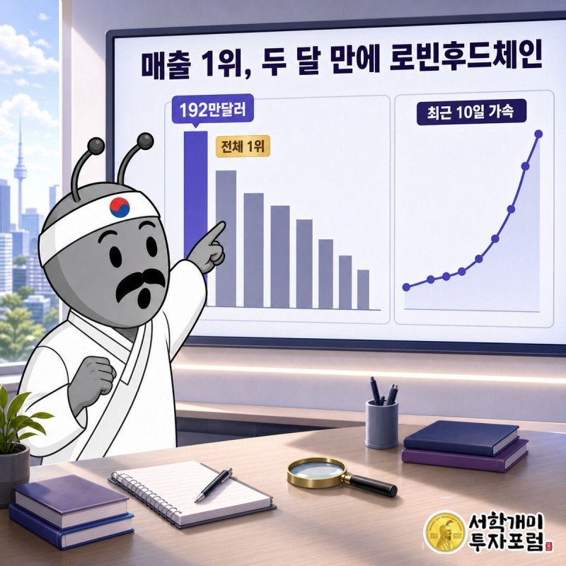 블록체인 매출 순위판에서 맨 위로 솟은 로빈후드체인 막대를 개미가 놀란 표정으로 가리킨다