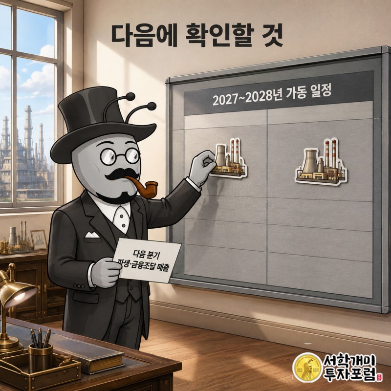 부자개미가 달력에 2027~2028년 NYDIG 가동 일정과 다음 분기 실적 확인 메모를 표시하는 인포그래픽