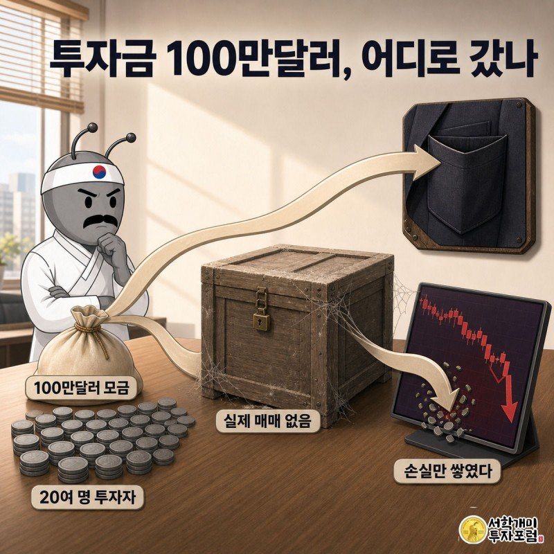 투자자들이 건넨 100만달러가 창업자 주머니와 폭락하는 코인 차트로 갈라져 흘러가고 오토트레이더 상자는 먼지만 쌓인 모습