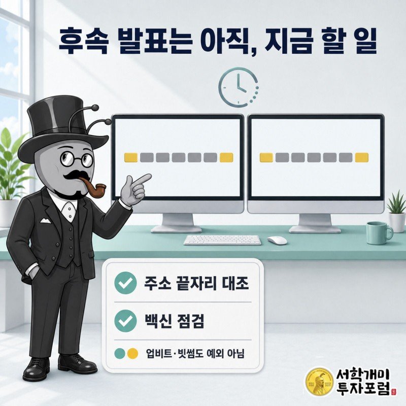 두 모니터의 지갑 주소를 손가락으로 대조하며 확인하는 개미, 후속 발표 대기와 국내 거래소 이용자 행동수칙을 보여주는 장면