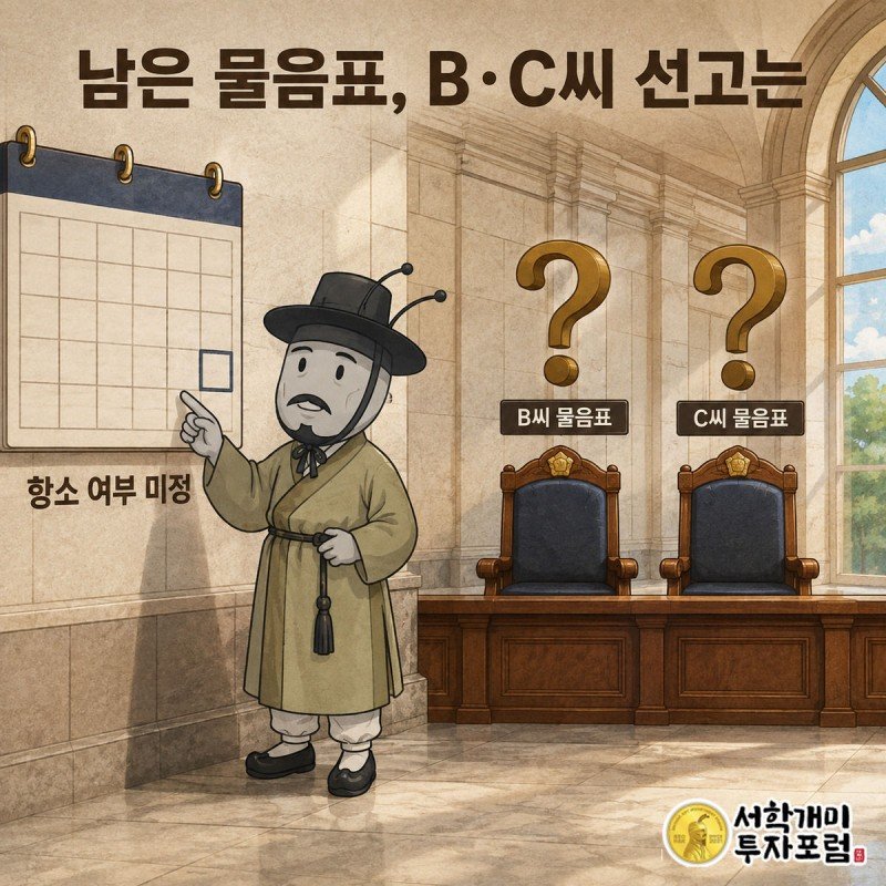 빈 법정 의자 위에 물음표가 뜨고 개미가 비어 있는 선고 예정일 달력 칸을 가리키는 모습