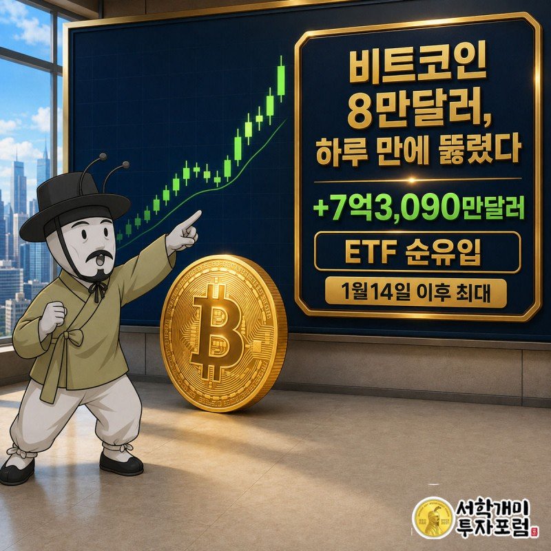 부자개미가 8만달러 문턱선을 뚫고 급등하는 초록 캔들차트 앞에서 놀라며 순유입 7억3,090만달러 수치를 가리키는 모습
