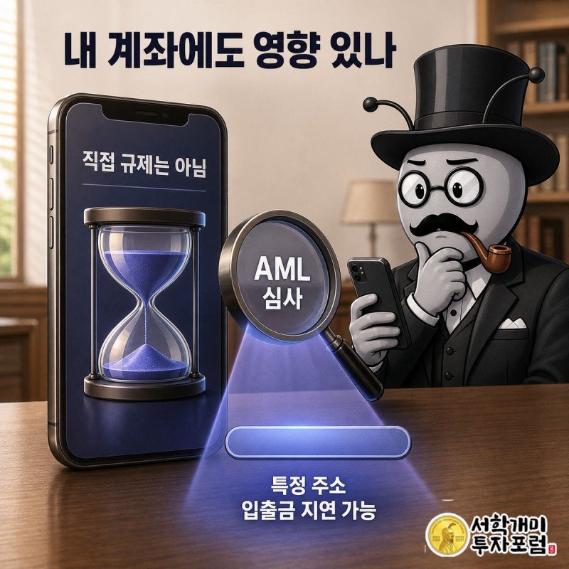 국내 거래소 출금 화면 위로 미국 법무부 돋보기가 특정 지갑 주소를 비추는 모습을 부자개미가 의심스럽게 지켜보는 인포그래픽