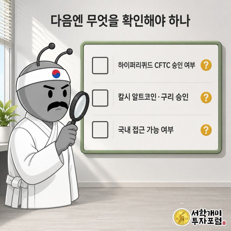 양반개미가 돋보기를 들고 하이퍼리퀴드 승인 여부 등 아직 확인되지 않은 체크리스트 항목을 들여다보는 그림