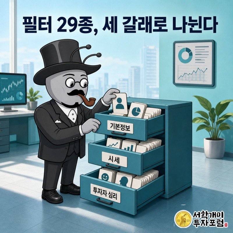 서민개미가 섹터·시가총액·현재가 등 필터 카드를 기본정보·시세·투자자심리 세 서랍에 나눠 담는 모습