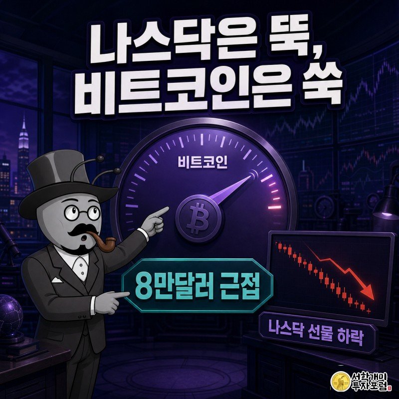 비트코인 시세 게이지 바늘이 8만달러에 다가가는 동안 나스닥 선물이 하락하는 작은 화면을 보고 놀라는 개미 캐릭터.