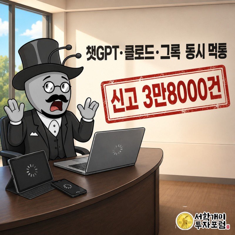 부자개미가 노트북·스마트폰·태블릿 화면이 동시에 얼어붙은 것을 보고 놀라는 모습, 화면 위에 신고 3만8000건 스탬프가 크게 떠 있다