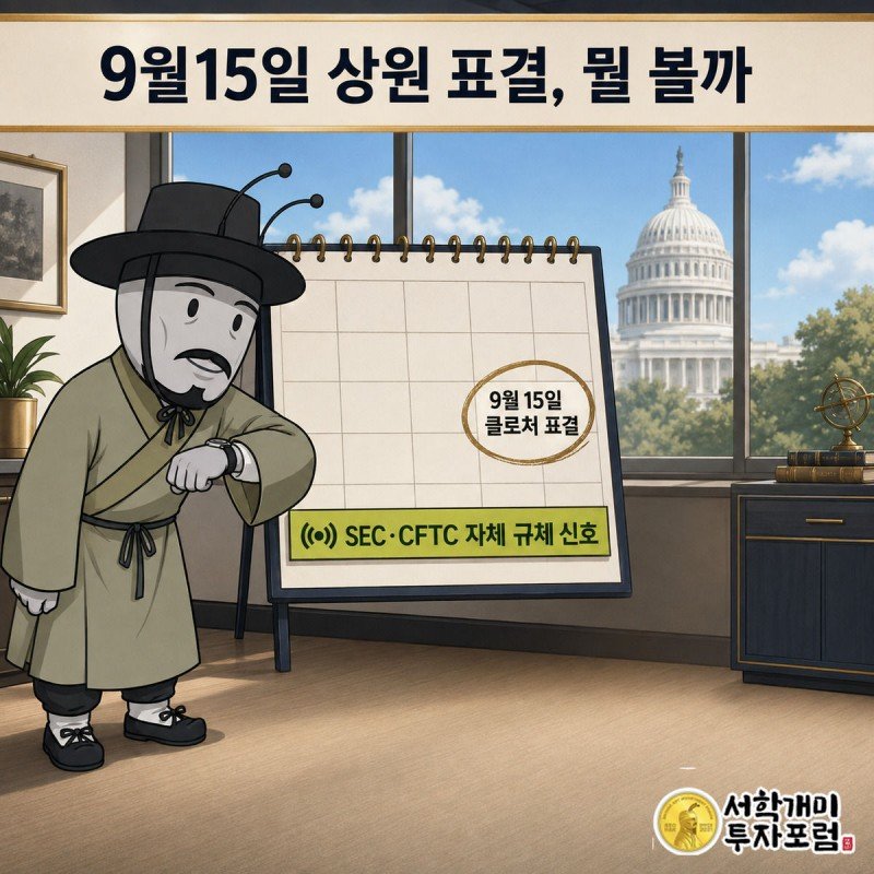 부자개미가 국회의사당이 보이는 창가에서 9월15일에 동그라미 친 달력을 손목시계와 함께 확인하는 모습