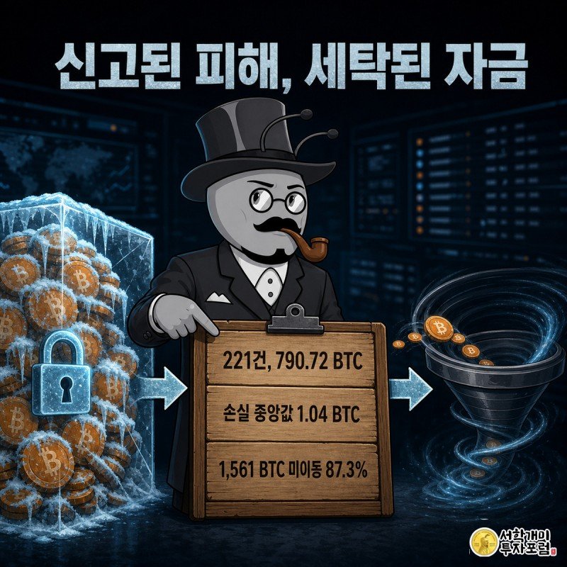 개미가 신고 집계판 앞에서 얼어붙은 미이동 코인더미와 믹서로 빨려드는 세탁 코인을 살피는 그림
