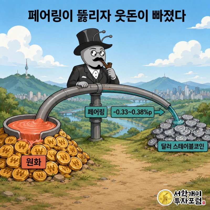 원화 동전 더미와 달러 스테이블코인 더미 사이에 새로 놓인 다리로 프리미엄이라는 붉은 물이 빠져나가는 모습, 부자개미가 다리 위에서 지켜본다