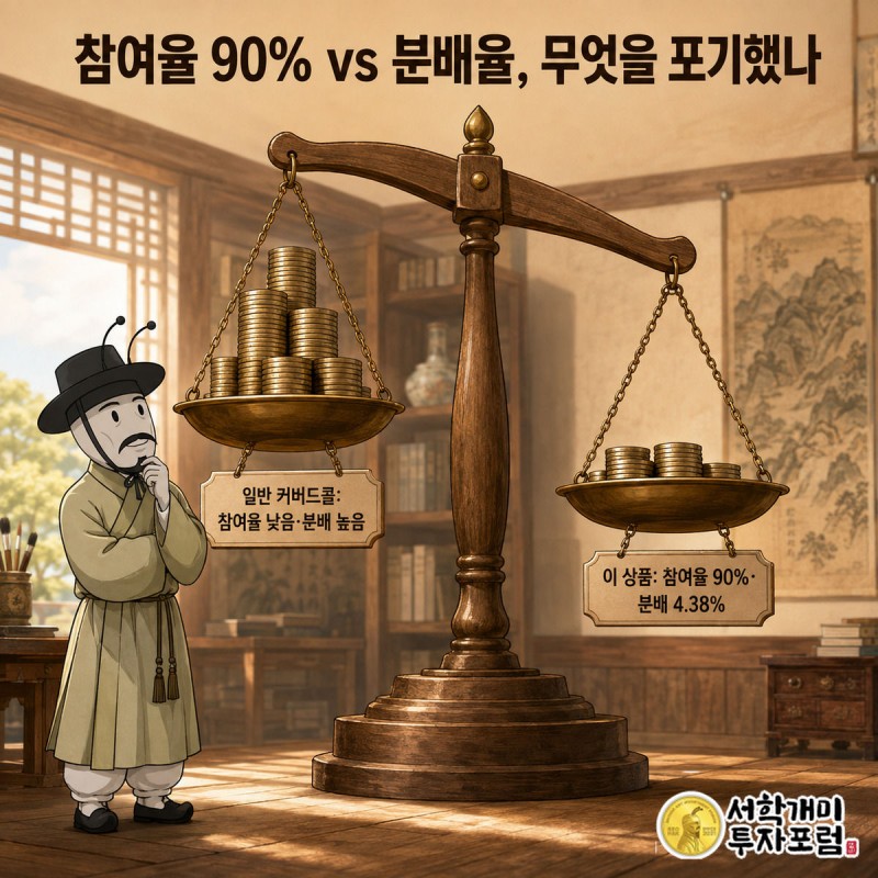 저울 양쪽에 일반 커버드콜과 이 ETF의 참여율·분배율을 동전 더미로 쌓아 비교하는 개미의 모습