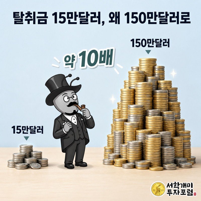 작은 코인더미(15만달러)와 거대한 코인더미(150만달러)를 놀란 표정으로 올려다보는 개미