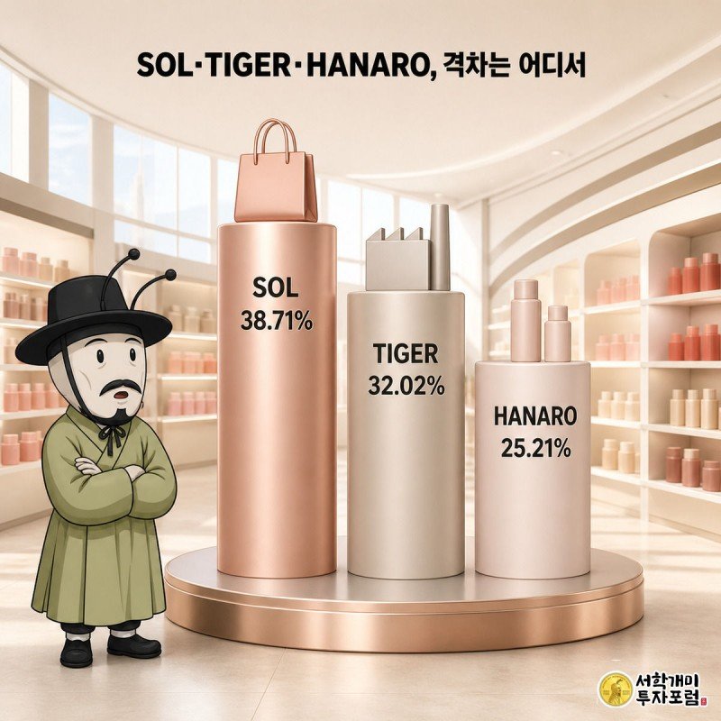 SOL·TIGER·HANARO 세 화장품 ETF의 수익률을 막대그래프로 비교하며 개미가 흥미롭게 지켜보는 이미지