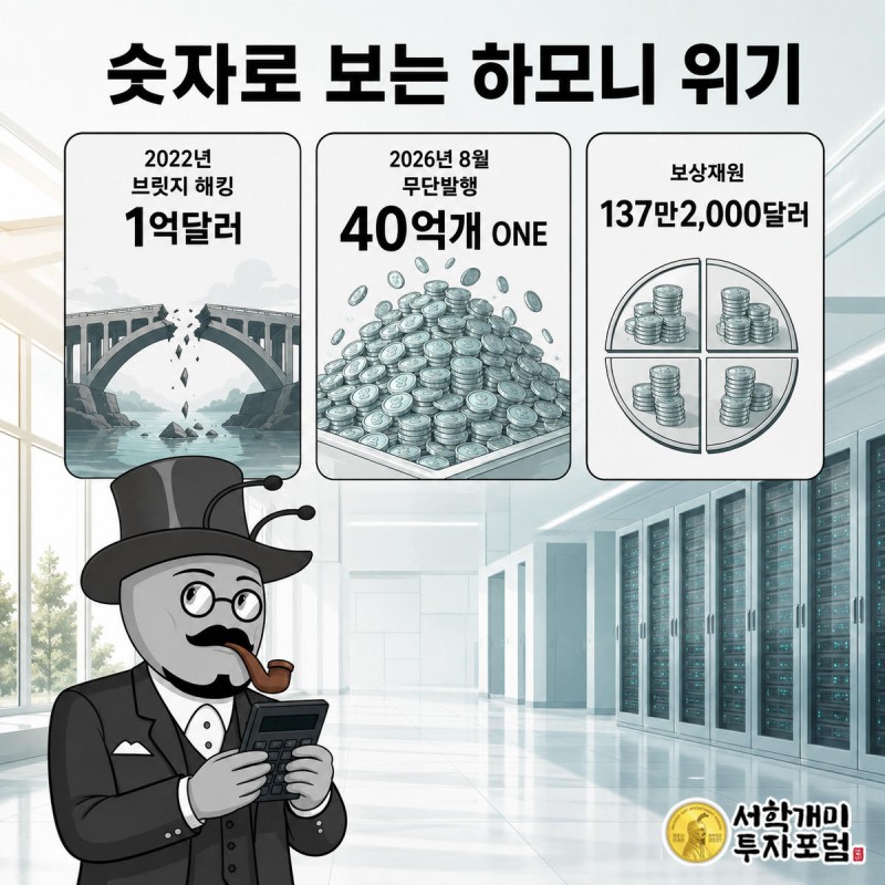 해킹 피해액, 무단 발행량, 보상 재원 숫자가 적힌 카드 세 장 사이에서 개미가 계산기를 들고 비교하는 그림