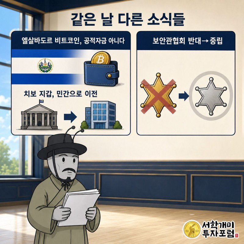 양반개미가 엘살바도르 치보 지갑 민간 이전 소식과 보안관협회의 반대에서 중립 전환 소식이 담긴 두 카드를 신중하게 살피는 모습