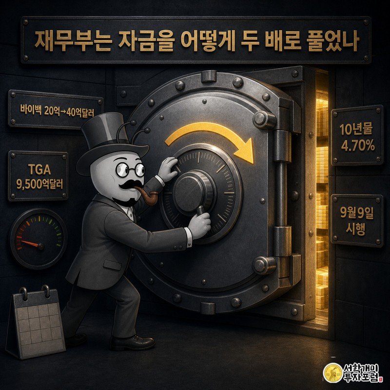 개미가 재무부 금고 다이얼을 20억에서 40억 달러로 돌리자 현금이 쏟아지고 벽 계기판 바늘이 낮은 금리 쪽을 가리킨다