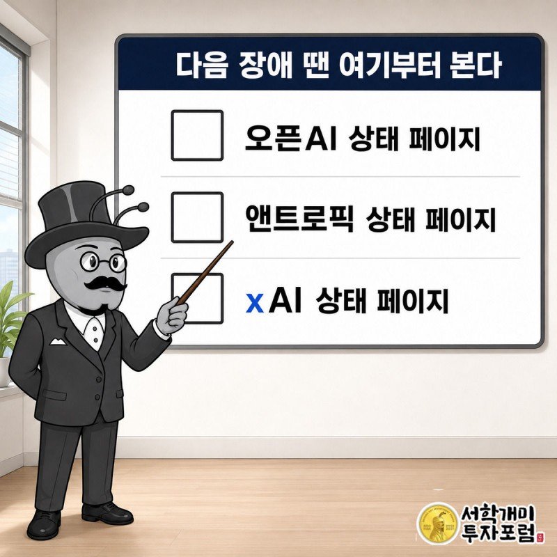 부자개미가 오픈AI·앤트로픽·xAI 상태 페이지 체크리스트를 손가락으로 짚어가며 확인하는 모습