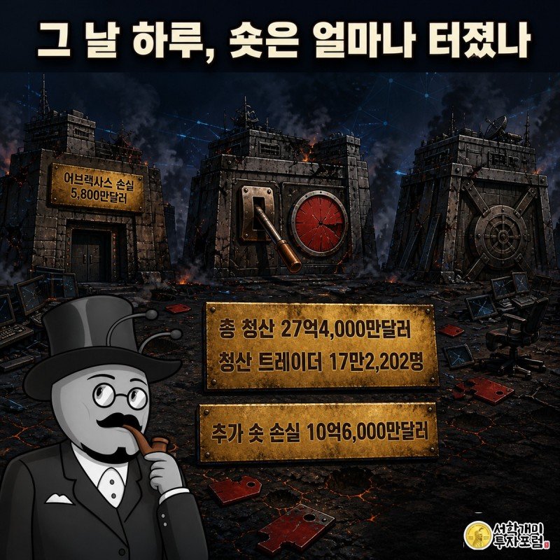 청산 잔해가 흩어진 전장에서 안전모를 쓴 개미가 8월19일 대규모 청산 수치를 가리키며 놀라는 가운데, 그을린 벙커 세 곳이 버티고 서 있는 정보 일러스트