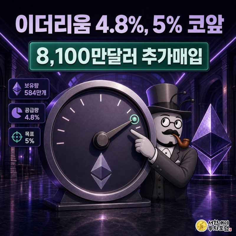 이더리움 다이아몬드 로고가 새겨진 대형 게이지의 바늘이 4.8%에서 목표선 5%를 향해 거의 닿아 있고, 개미 캐릭터가 그 바늘을 가리키며 놀란 표정을 짓고 있다
