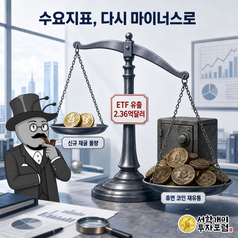 신규 채굴 코인과 휴면 코인 더미가 얹힌 저울이 기울어 수요지표가 마이너스로 돌아섰음을 보여주는 장면