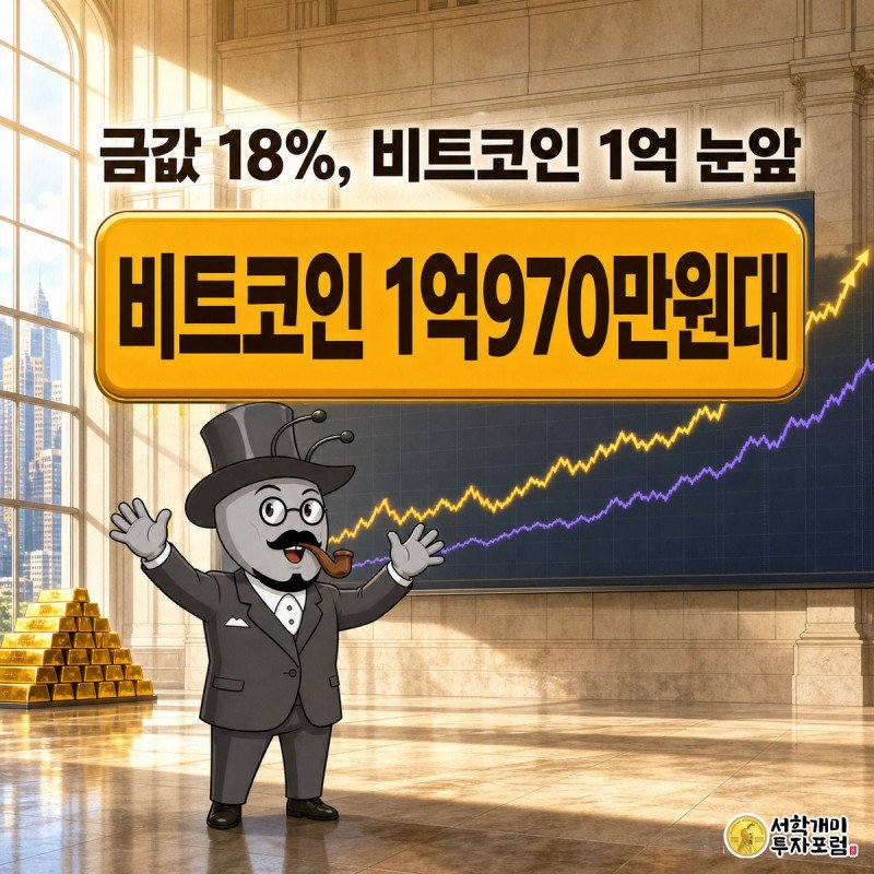 개미 캐릭터가 거래소 대형 스크린에서 금과 비트코인 차트가 동시에 급등하는 것을 보고 놀라는 모습이고, 비트코인 1억970만원대 수치가 화면 중앙에 크게 표시되어 있다.