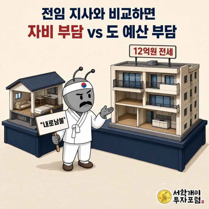 소박한 원룸과 화려한 아파트를 좌우로 놓고 서민개미가 팻말을 든 채 내로남불이라 적힌 그림