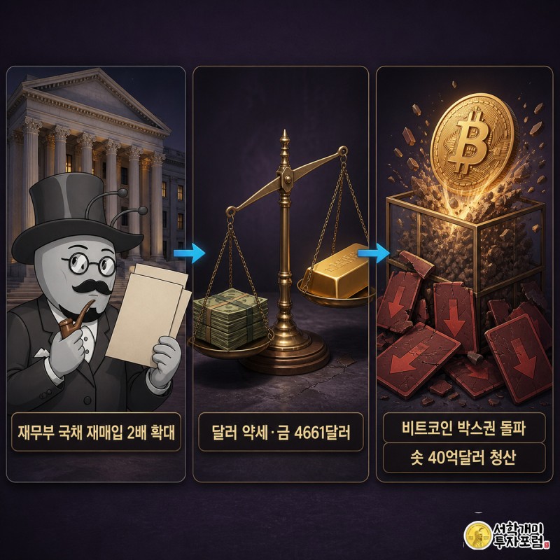 재무부 국채 재매입 확대 발표부터 달러 약세, 금값 상승, 비트코인 박스권 돌파와 숏 포지션 청산까지 세 컷으로 이어지는 인과 흐름 이미지