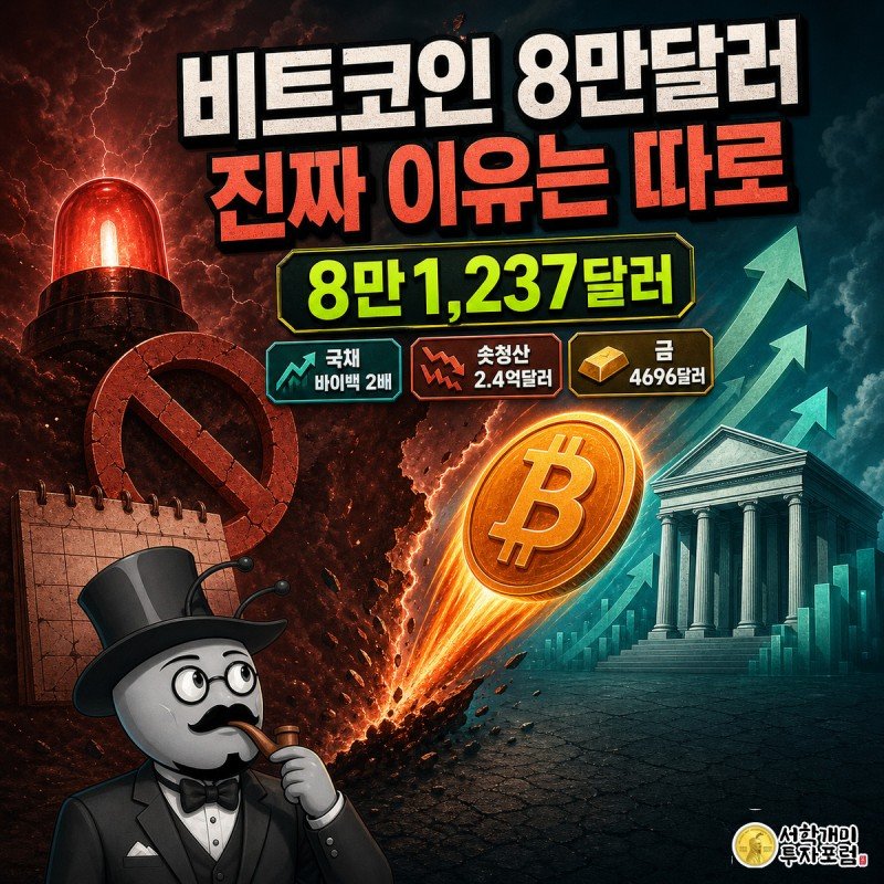 화면이 둘로 갈라져 왼쪽은 이란제재 경고 앞에서 의심스러운 표정의 개미, 오른쪽은 국채 바이백 발표 앞에서 놀라며 기뻐하는 개미가 서 있고 가운데서 비트코인이 8만1237달러를 뚫고 솟아오르는 그림