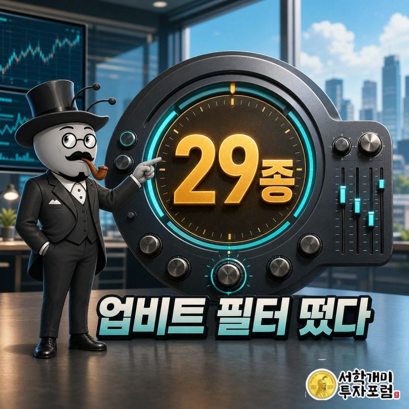 서민개미가 업비트 화면에 뜬 29종 필터 게이지판을 가리키며 득의양양한 표정을 짓는 모습