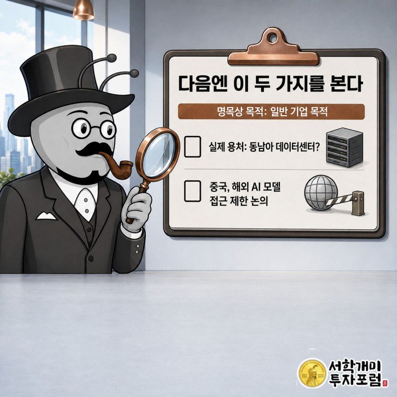 부자개미가 체크리스트 판을 들고 동남아 데이터센터 용처와 중국의 AI 모델 해외 접근 제한 논의라는 두 미확인 항목을 돋보기로 살피는 그림