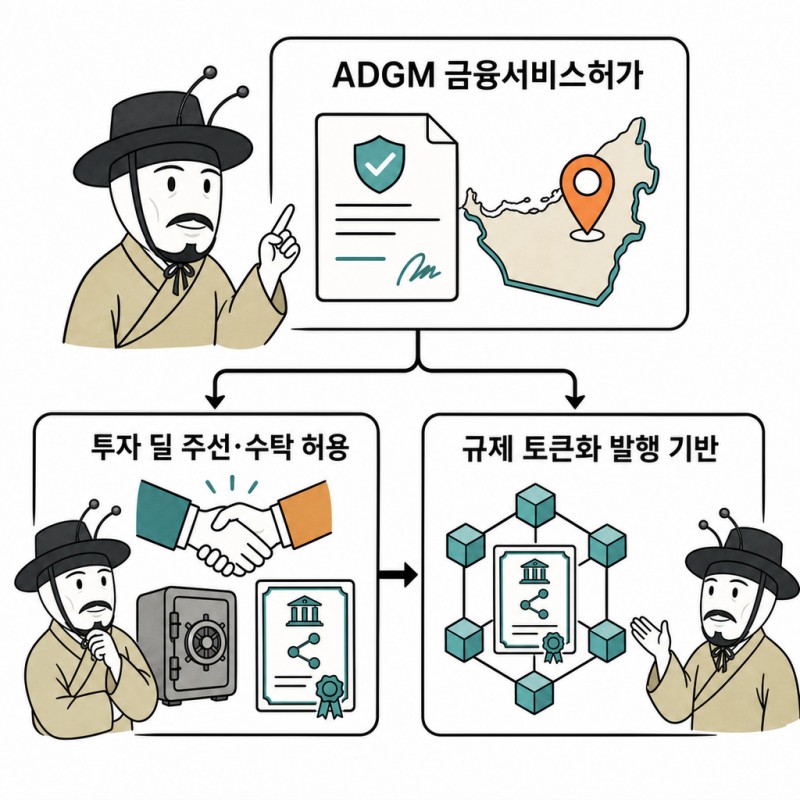 ADGM 금융서비스허가와 투자 딜 주선·수탁 및 규제 토큰화 발행 기반을 정리한 설명 이미지