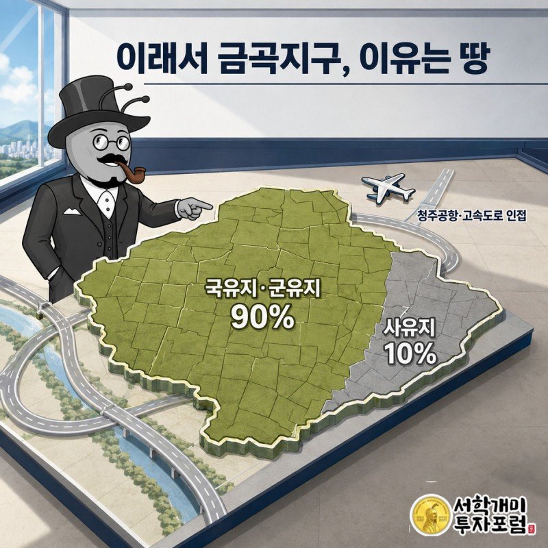 서민개미 캐릭터가 금곡지구를 내려다본 지도 타일에서 초록색 국유지·군유지 블록을 손가락으로 가리키며 흡족한 표정을 짓고 있고, 옆에는 고속도로와 공항 아이콘이 그려져 있다.