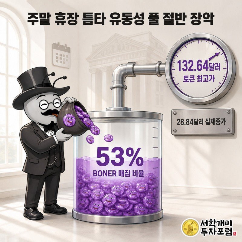 밈코인이 유동성 풀 수조의 53%를 채우자 연결된 가격 게이지 바늘이 132.64달러까지 치솟는 모습