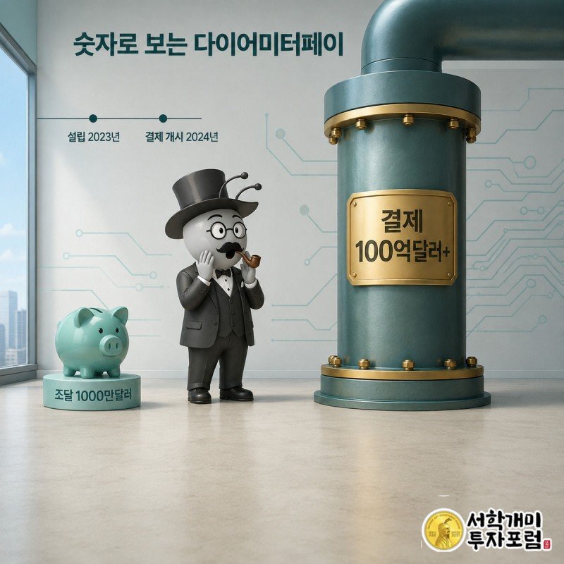 작은 저금통과 거대한 결제 파이프라인을 나란히 놓고 개미가 규모 차이에 놀라는 모습, 하단에 설립·결제 개시 시점 표시.