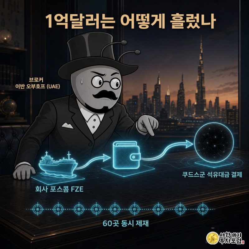 사막 도시 사무실에서 브로커 개미가 유조선과 가상자산 지갑, 쿠드스군을 잇는 홀로그램 자금 흐름도를 불안한 표정으로 짚어 보이는 모습