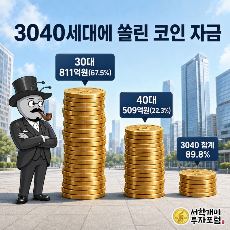 높이가 다른 세 개의 코인 더미로 30대·40대·기타 연령대의 자금 조달 격차를 보여주는 이미지