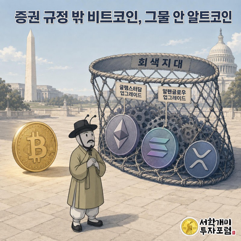 서민개미가 규제 그물 밖의 비트코인과 그물 안에 갇힌 이더리움·솔라나·XRP를 번갈아 바라보는 일러스트