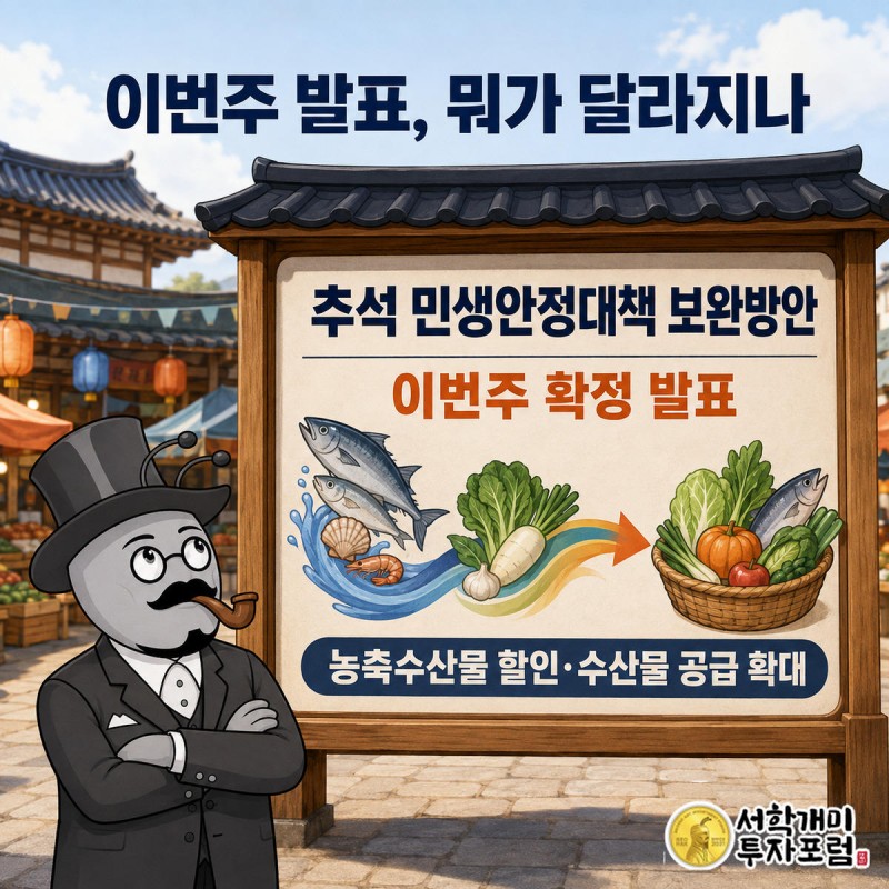 시장 입구 게시판에 붙은 이번 주 추석 민생안정대책 보완방안 발표 공고를 서민개미가 올려다보는 모습