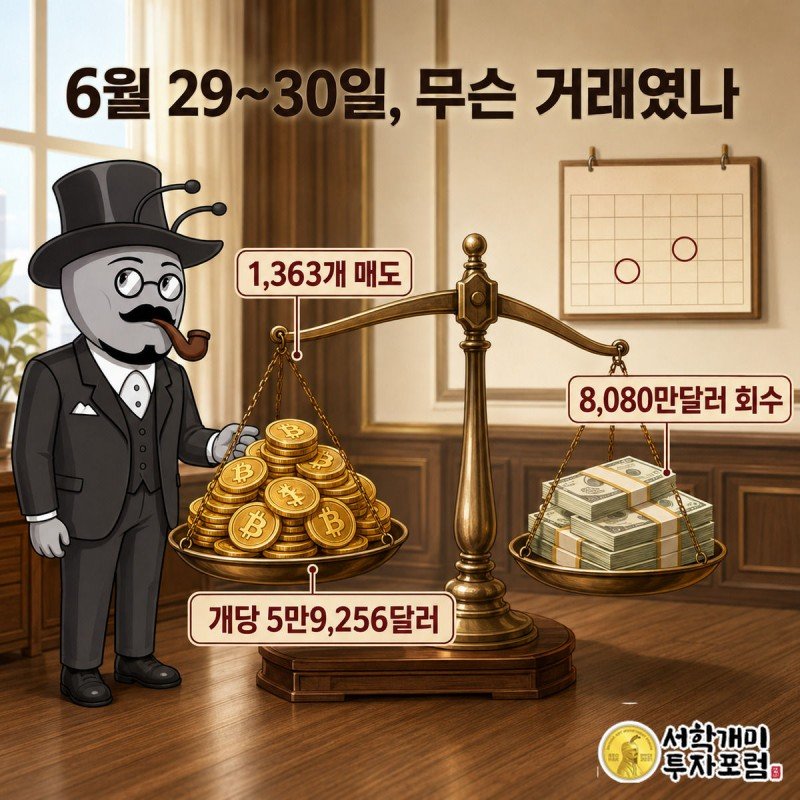 부자개미가 저울 한쪽에 비트코인 코인더미를 올려 팔고 반대편에서 현금 다발을 받는 장면, 배경 달력에 6월 29~30일이 표시됨